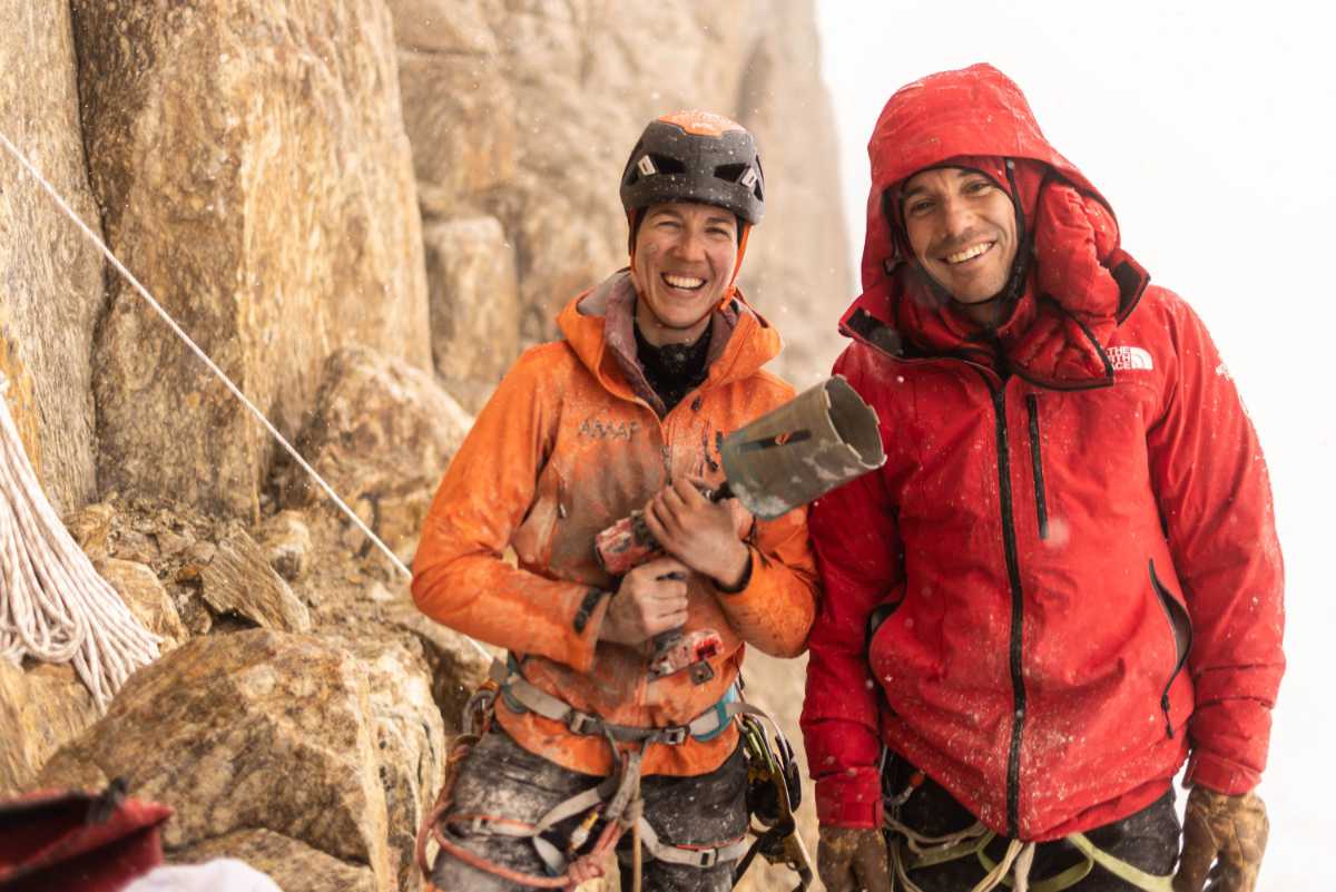 Heidi Sevestre, left, and Alex Honnold after drilling rock samples on the Pool Wall.  (photo credit: National Geographic/Pablo Durana)