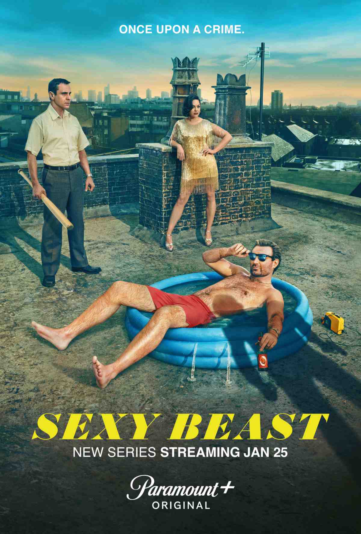 (L-R) Emun Elliott as Don, Sarah Greene as Deedee and James McArdle as Gal Dove in the Key Art for Sexy Beast.