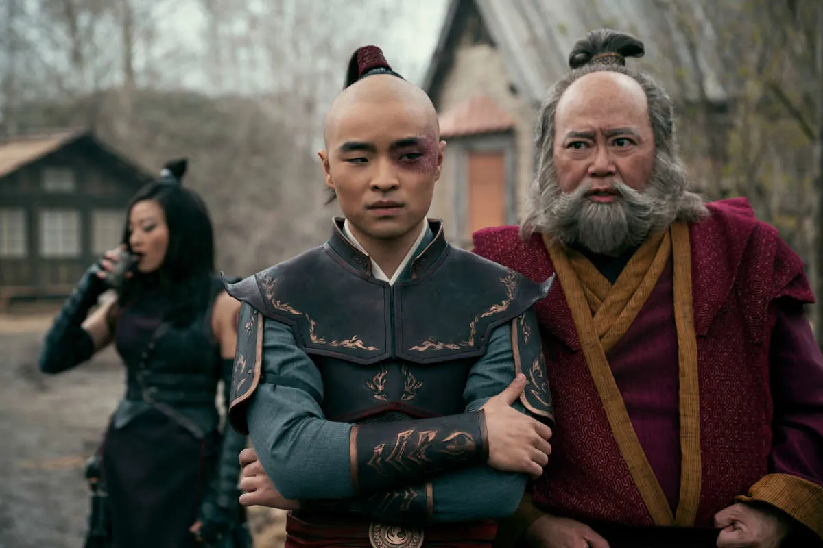 Arden Cho as June, Dallas Liu as Prince Zuko, Paul Sun-Hyung Lee as Iroh.