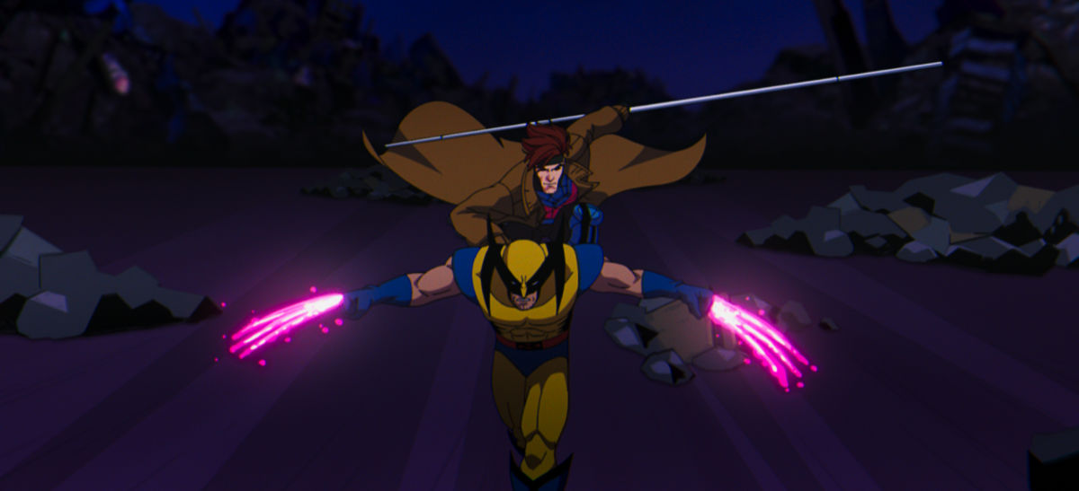 Wolverine (voiced by Cal Dodd) and Gambit (voiced by AJ LoCascio) in Marvel Animation's X-MEN '97. Photo courtesy of Marvel Animation. © 2024 MARVEL.