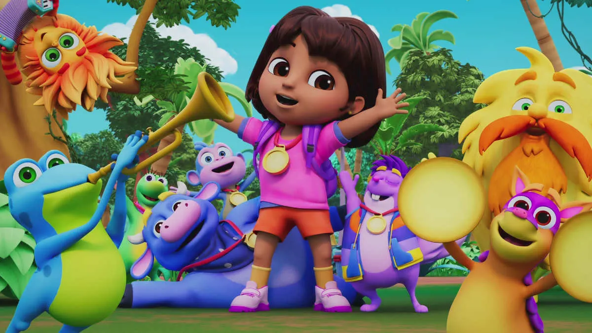 L to R Danny Burstein as the voice of Frog, Marmoset and Grumpy Old Troll, Anairis Quinones as the voice of Armadillo, Tandi Fomukong as the voice of Isa, Quentin Munoz as the voice of Benny, Donovan Monzon-Sanders as the voice of Tico, Diana Zermeno as the voice of Dora and Asher Colton Spence as the voice of Boots in Dora, Streaming on Paramount+.