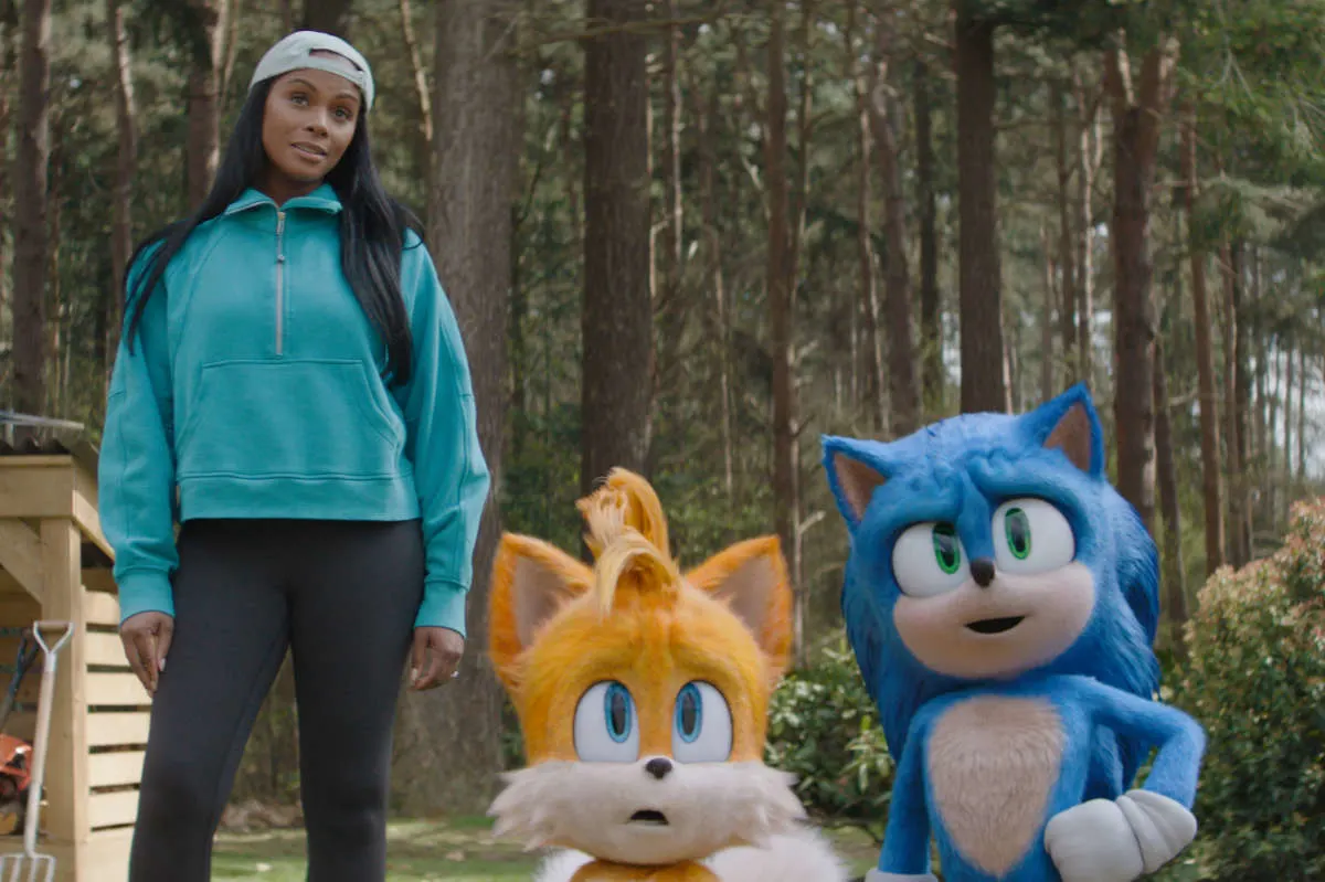 Tika Sumpter as Maddie, Tails (voiced by Colleen O’Shaughnessey) and Sonic (voiced by Ben Schwartz).