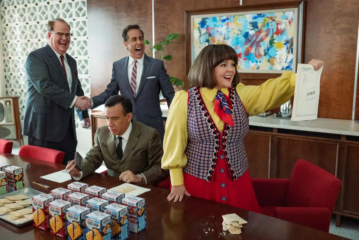Jim Gaffigan as Edsel Kellogg III, Jerry Seinfeld (Director) as Bob Cabana, Fred Armisen as Mike Puntz and Melissa McCarthy as Donna Stankowski in Unfrosted: The Pop-Tart Story.
