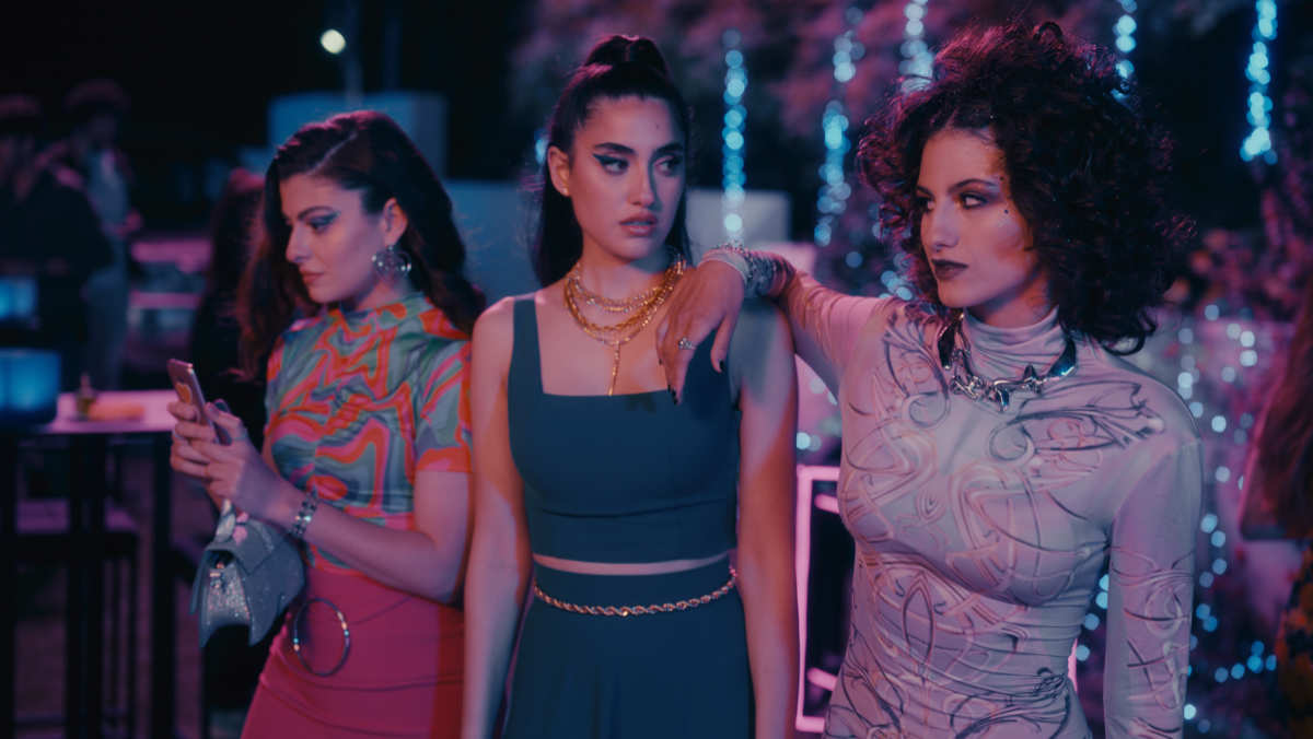 Tara Abboud as Sarah, Sarah Abdelrahman as Tasneem, Kira Yaghnam as Hiba in Al Rawabi School for Girls S2. Netflix 2024.
