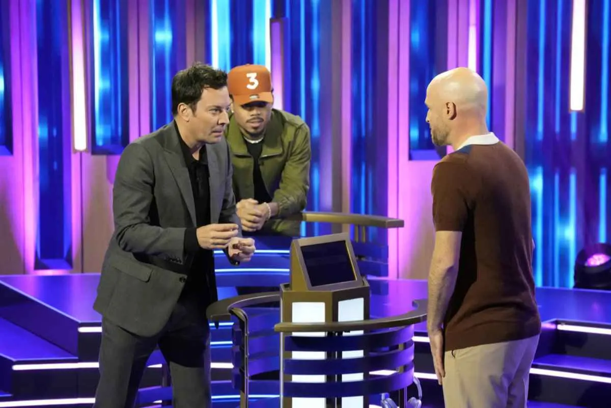 PASSWORD -- Episode 202 -- Pictured: (l-r) Jimmy Fallon, Chance The Rapper, and a contestant -- (Photo by: Evans Vestal Ward/NBC)