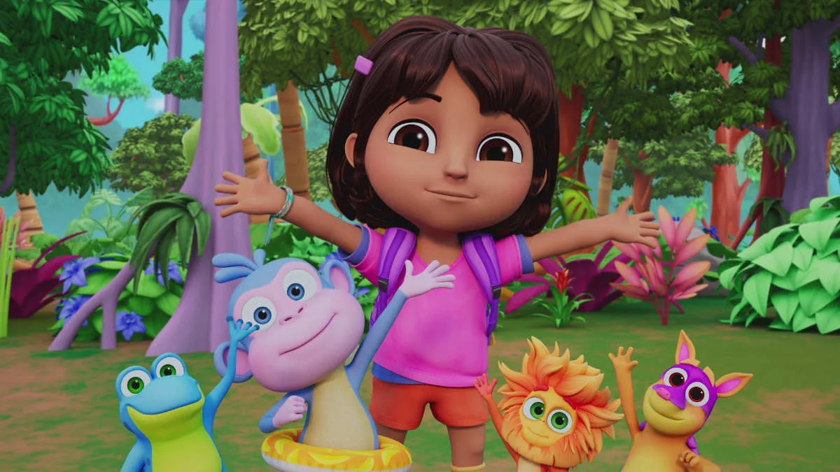 L to R Danny Burstein as the voice of Frog and Marmoset, Asher Colton Spence as the voice of Boots, Diana Zermeno as the voice of Dora and Anairis Quinones as the voice of Armadillo in Dora, Streaming on Paramount+.