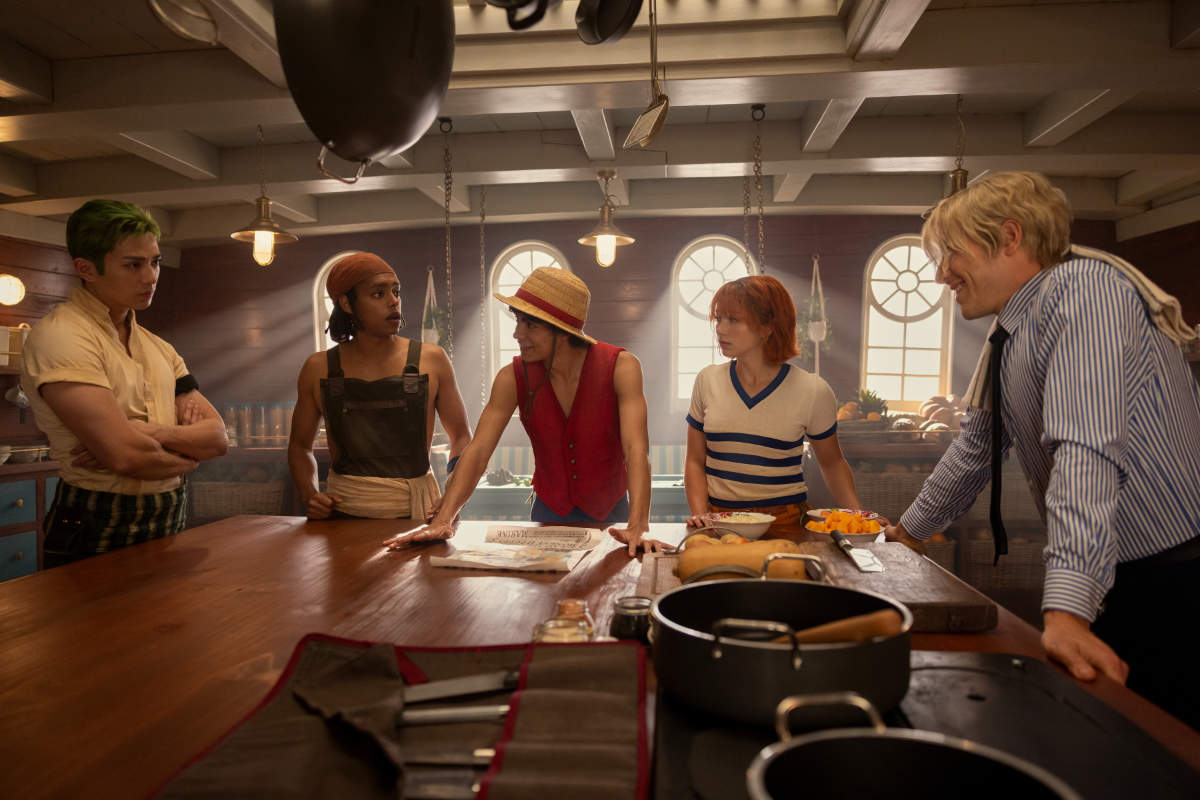 Mackenyu Arata as Roronoa Zoro, Jacob Romero Gibson as Usopp, Iñaki Godoy as Monkey D. Luffy, Emily Rudd as Nami, Taz Skylar as Sanji