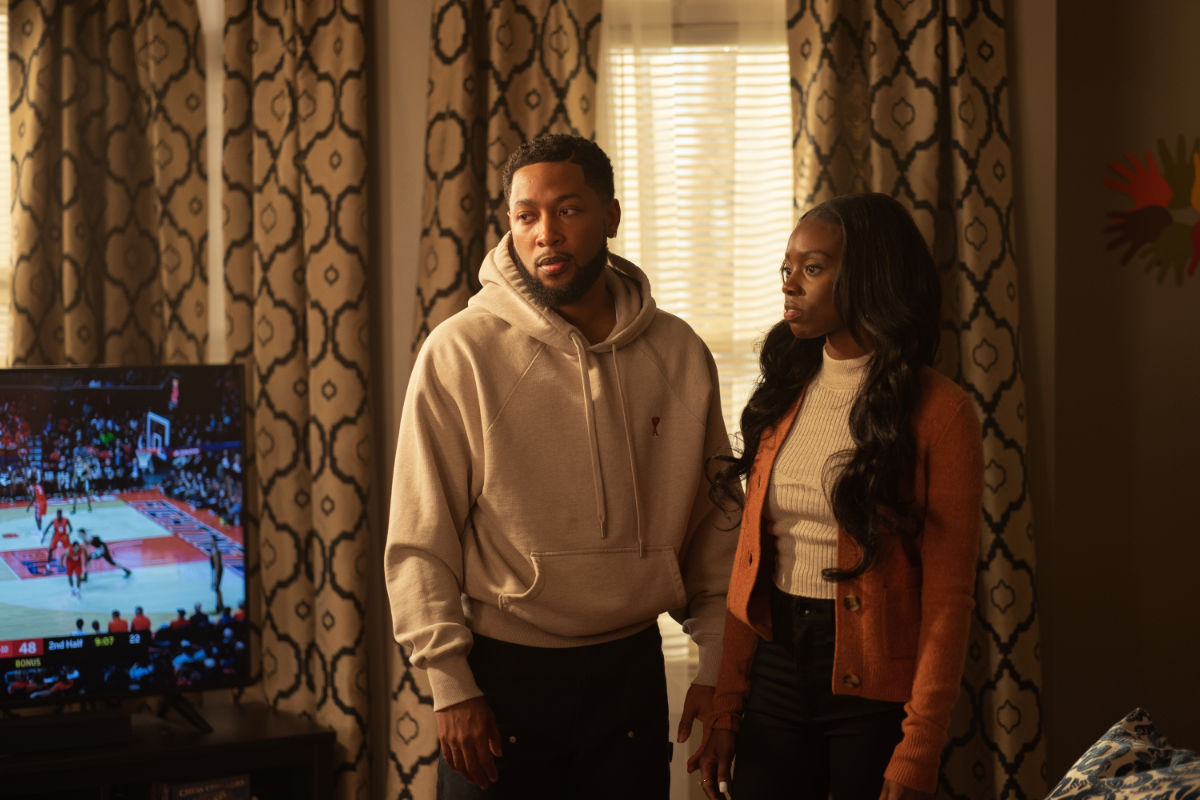 Jacob Latimore as Emmett and Birgundi Baker as Kiesha in The Chi season seven.