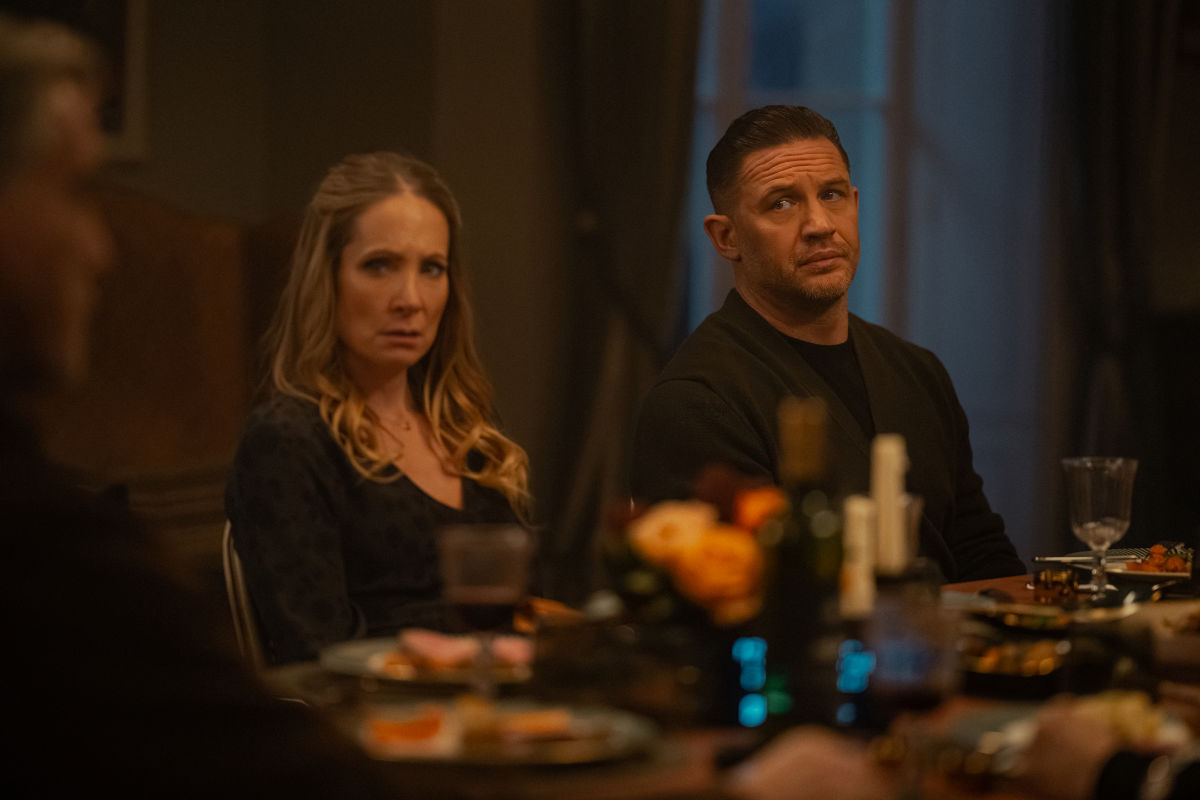 Joanne Froggatt as Jan Da Souza and Tom Hardy as Harry Da Souza in Mobland season one