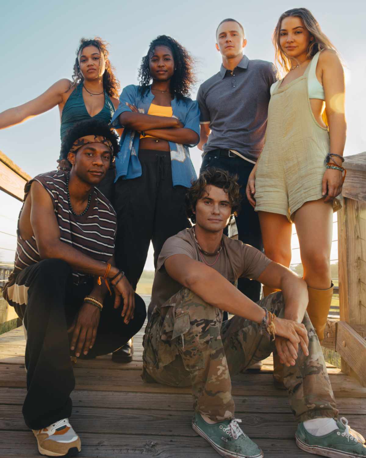 Jonathan Daviss as Pope, Madison Bailey as Kiara, Carlacia Grant as Cleo, Chase Stokes as John B, Drew Starkey as Rafe, Madelyn Cline as Sarah Cameron in the final season of Outer Banks.