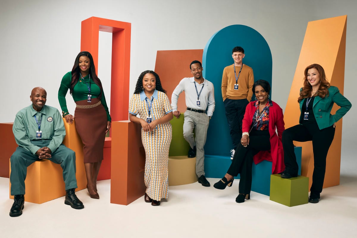 Abbott Elementary stars William Stanford Davis as Mr. Johnson, Janelle James as Ava Coleman, Quinta Brunson as Janine Teagues, Tyler James Williams as Gregory Eddie, Chris Perfetti as Jacob Hill, Sheryl Lee Ralph as Barbara Howard, and Lisa Ann Walter as Melissa Schemmenti.