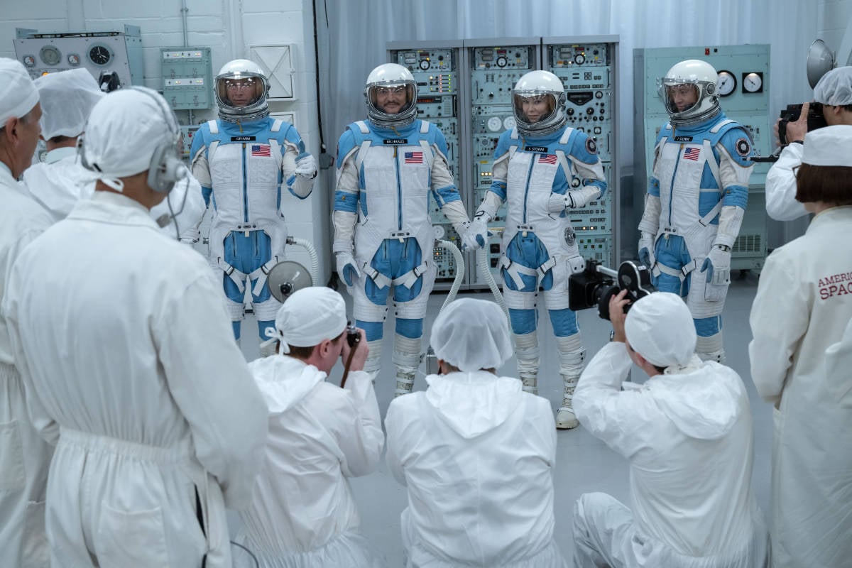 Ebon Moss-Bachrach as Ben Grimm/The Thing, Pedro Pascal as Reed Richards/Mister Fantastic, Vanessa Kirby as Sue Storm/Invisible Woman and Joseph Quinn as Johnny Storm/Human Torch in The Fantastic Four: First Steps