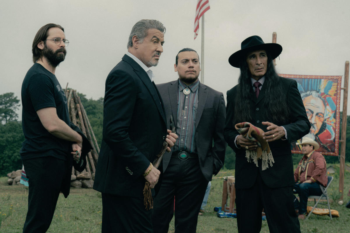 Martin Starr as Bohdi, Sylvester Stallone as Dwight "The General" Manfredi, and Gregory Zaragoza as Medhat of the Paramount+ original series Tulsa King.