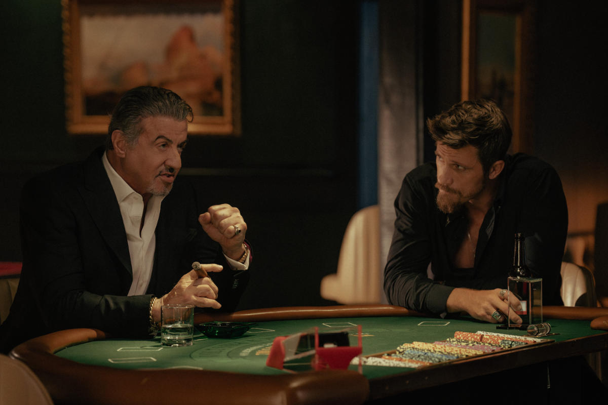 Sylvester Stallone as Dwight "The General" Manfredi and Garrett Hedlund as Mitch Keller of the Paramount+ original series Tulsa King.