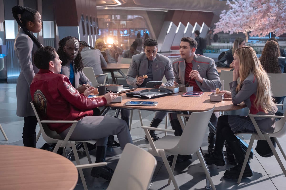 Kerrice Brooks, Romeo Carere, Karim Diané, Sandro Rosta, George Hawkins and Bella Shepard in Star Trek: Starfleet Academy