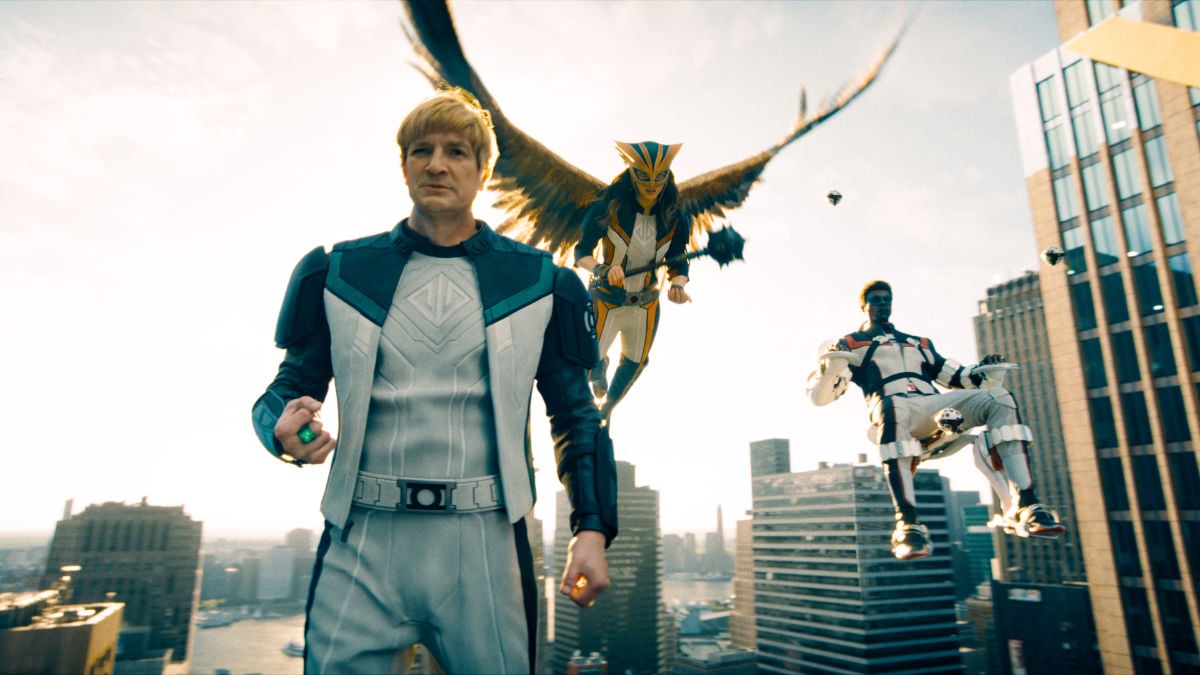 NATHAN FILLION as Guy Gardner, ISABELA MERCED as Hawkgirl and EDI GATHEGI as Mr. Terrific