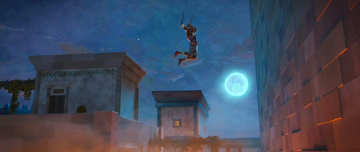 Memnon (Larry Herron) jumping to scale the walls of Troy