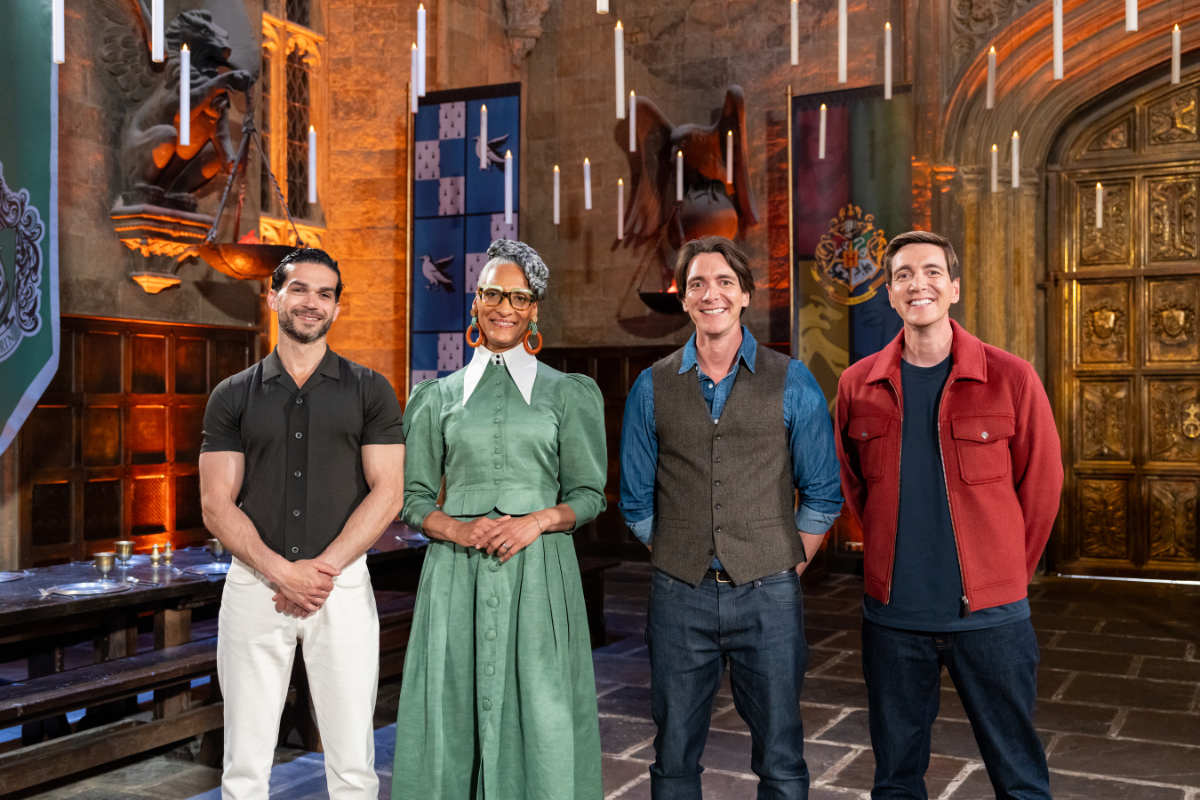 Judge Carla Hall and Judge Jozef Youssef and Hosts James and Oliver Phelps pose during judging.