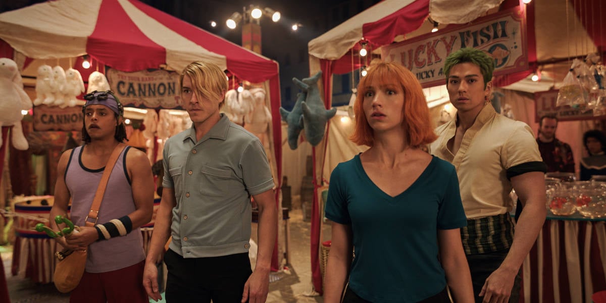 Jacob Romero as Usopp, Taz Skylar as Sanji, Emily Rudd as Nami, Mackenyu as Roronoa Zoro in Season 2 of One Piece.