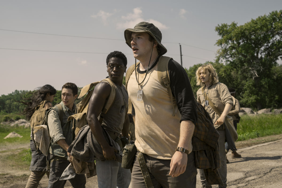 Joshua Odjick as Parker, Jordan Gonzalez as Harkness, David Jonsson as McVries, Cooper Hoffman as Garraty, and Charlie Plummer as Barkovitch in The Long Walk