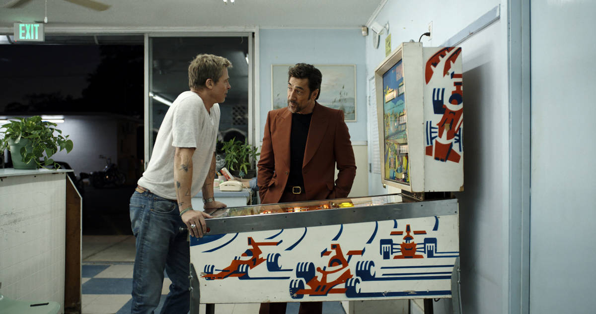 Brad Pitt as Sonny Hayes and Javier Bardem as Ruben Cervantes