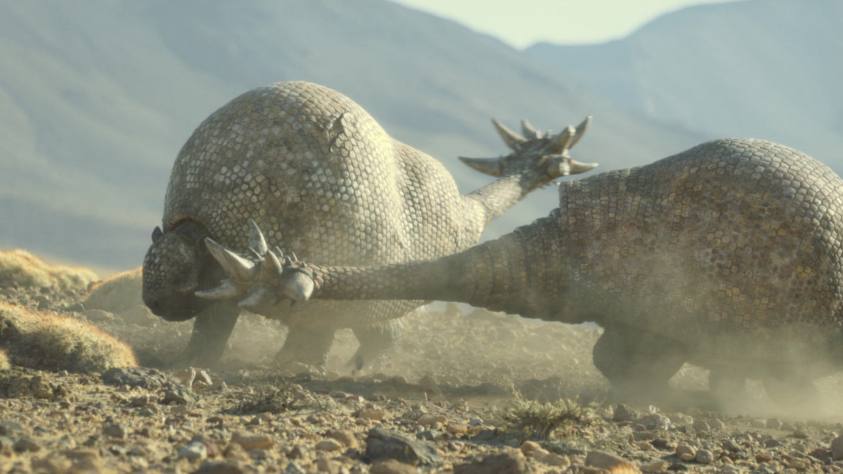 Doedicurus using their spiked tail clubs during combat