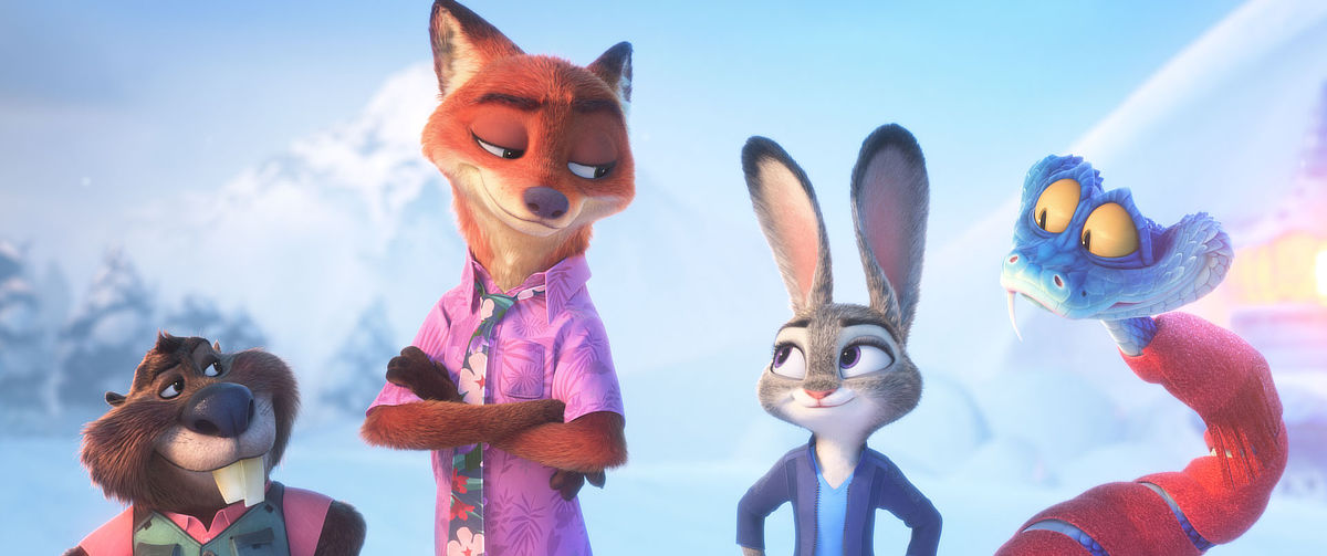 Nibbles Maplestick (voiced by Fortune Feimster), Nick Wilde (voiced by Jason Bateman), Judy Hopps (voiced by Ginnifer Goodwin) and Gary De’Snake (voice of Ke Huy Quan)
