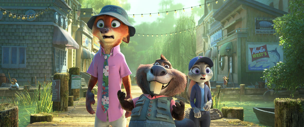 Nibbles Maplestick (voiced by Fortune Feimster), Nick Wilde (voiced by Jason Bateman), and Judy Hopps (voiced by Ginnifer Goodwin)