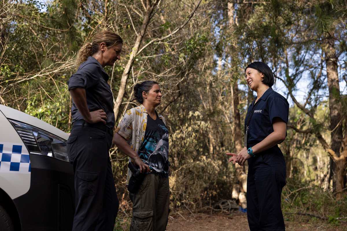 Madeleine Sami as Eddie Redcliffe, Kate Box as Dulcie Collins, and Nina Oyama as Abby Matsuda