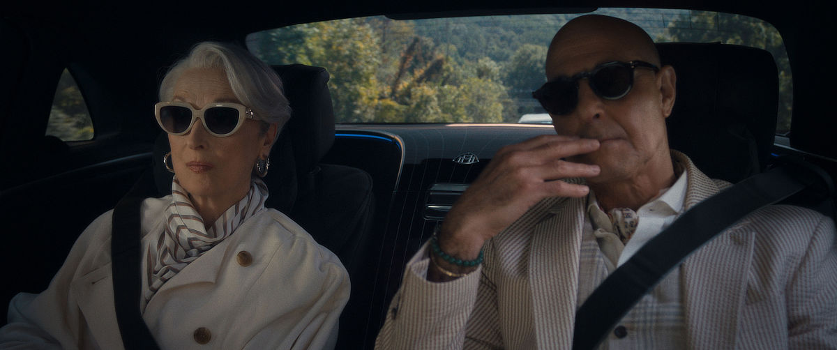 Meryl Streep as Miranda Priestly and Stanley Tucci as Nigel Kipling