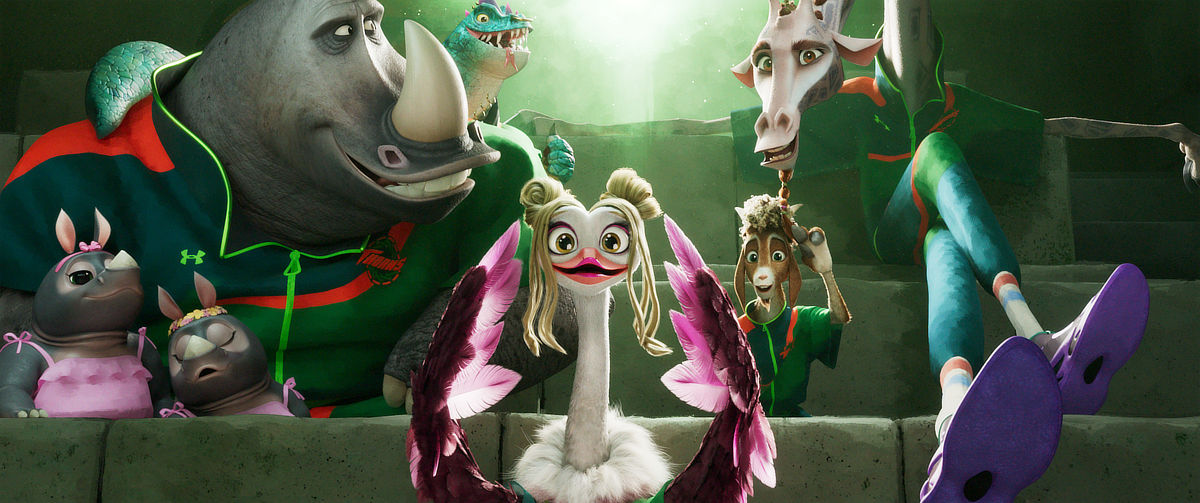 Archie (David Harbour) with his daughters, Modo (Nick Kroll), Olivia (Nicola Coughlan), Will (Caleb McLaughlin) and Lenny (Stephen Curry)