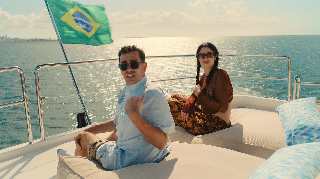 Dan Levy as Nicky and Taylor Ortega as Morgan in Big Mistakes