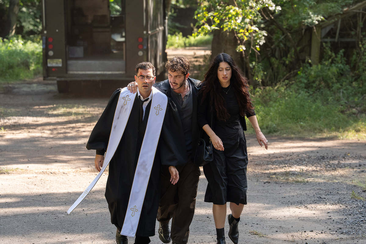 Dan Levy as Nicky, Boran Kuzum as Yusuf, and Taylor Ortega as Morgan