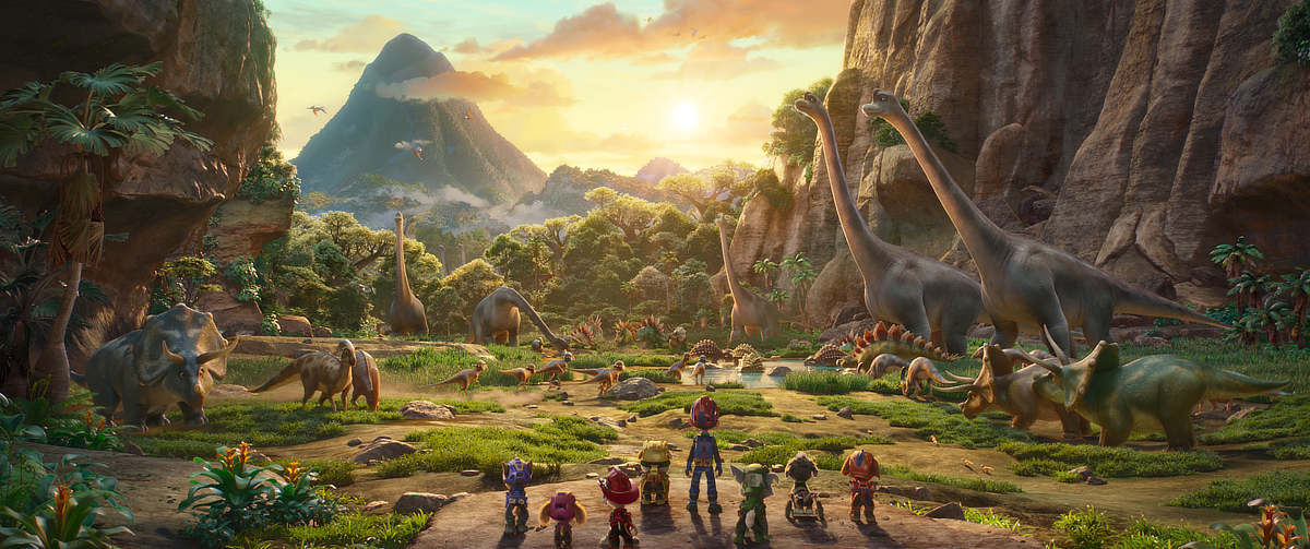 The PAW Patrol on Dino Island in PAW Patrol: The Dino Movie 