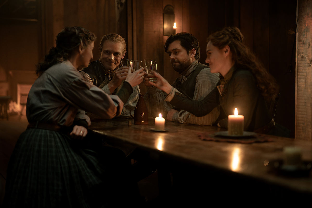 STARZ April 2026 - Caitríona Balfe (Claire Fraser), Sam Heughan (Jamie Fraser), Richard Rankin (Roger MacKenzie), and Sophie Skelton (Brianna Fraser MacKenzie) in Outlander
