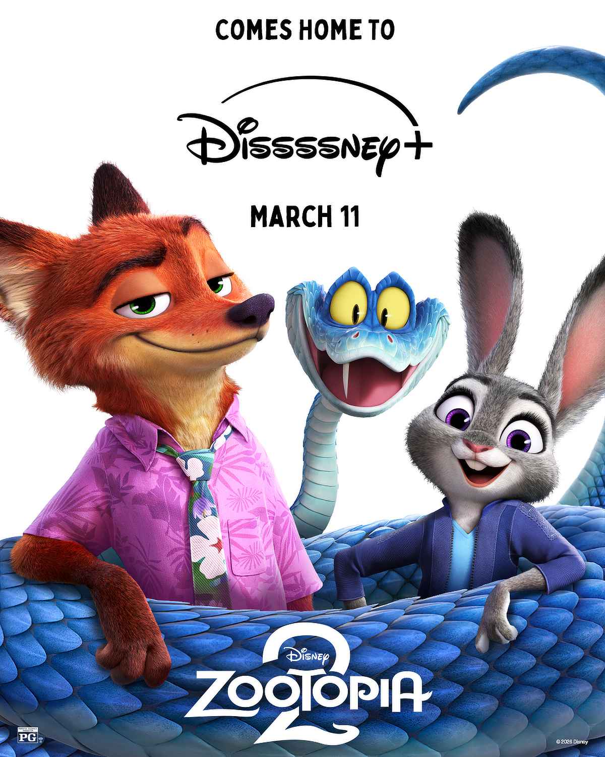Judy Hopps (voiced by Ginnifer Goodwin), Nick Wilde (voiced by Jason Bateman), and Gary De’Snake (voiced by Academy Award winner Ke Huy Quan)