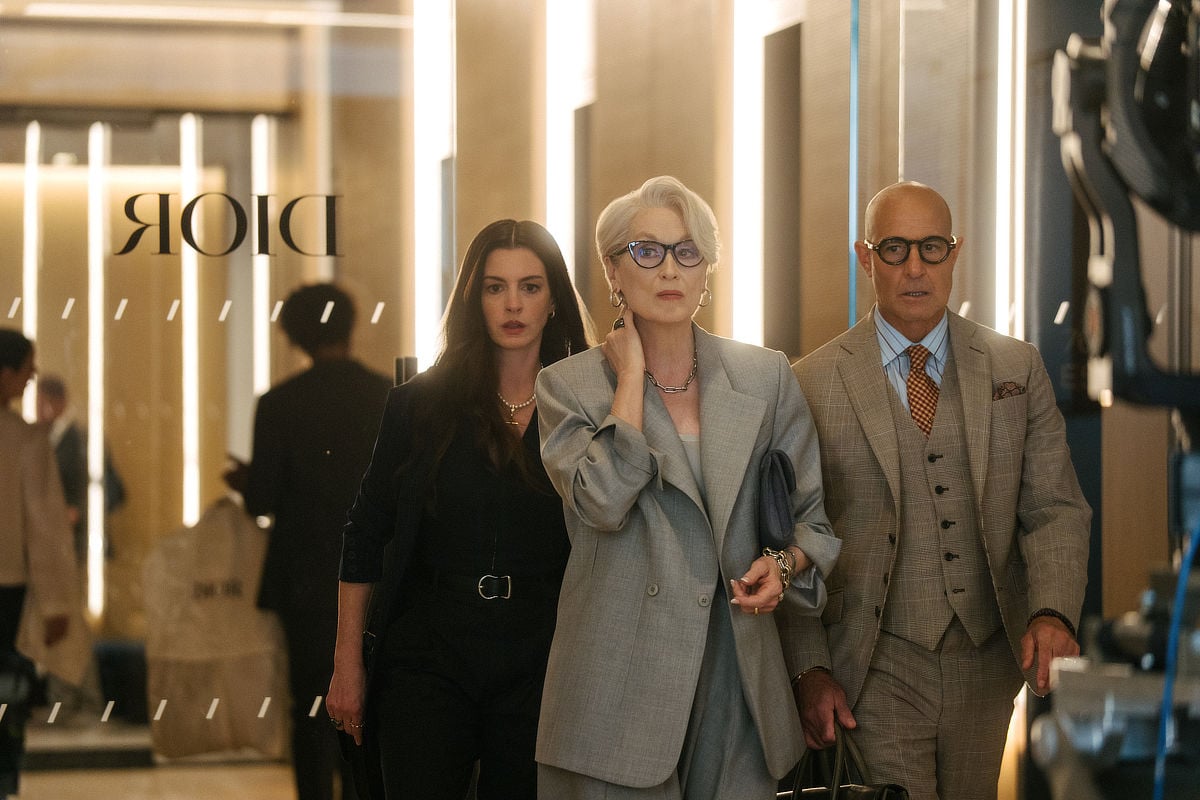 Anne Hathaway as Andy Sachs, Meryl Streep as Miranda Priestly and Stanley Tucci as Nigel Kipling