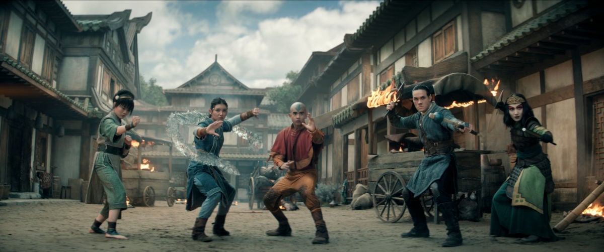 Miyako as Toph, Kiawentiio Tarbell as Katara, Gordon Cormier as Aang, Ian Ousley as Sokka, Maria Zhang as Suki