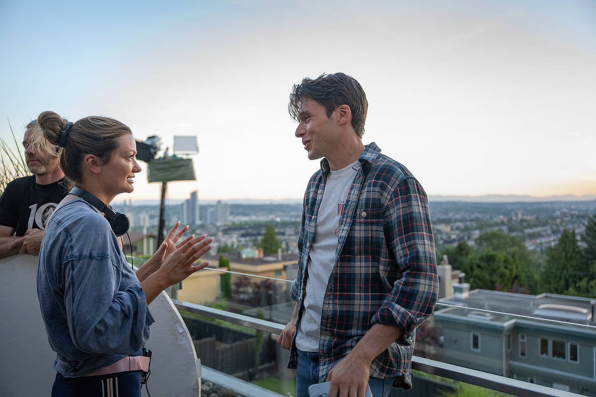 Director Leah McKenrick and Nick Robinson on the set of Voicemails for Isabelle