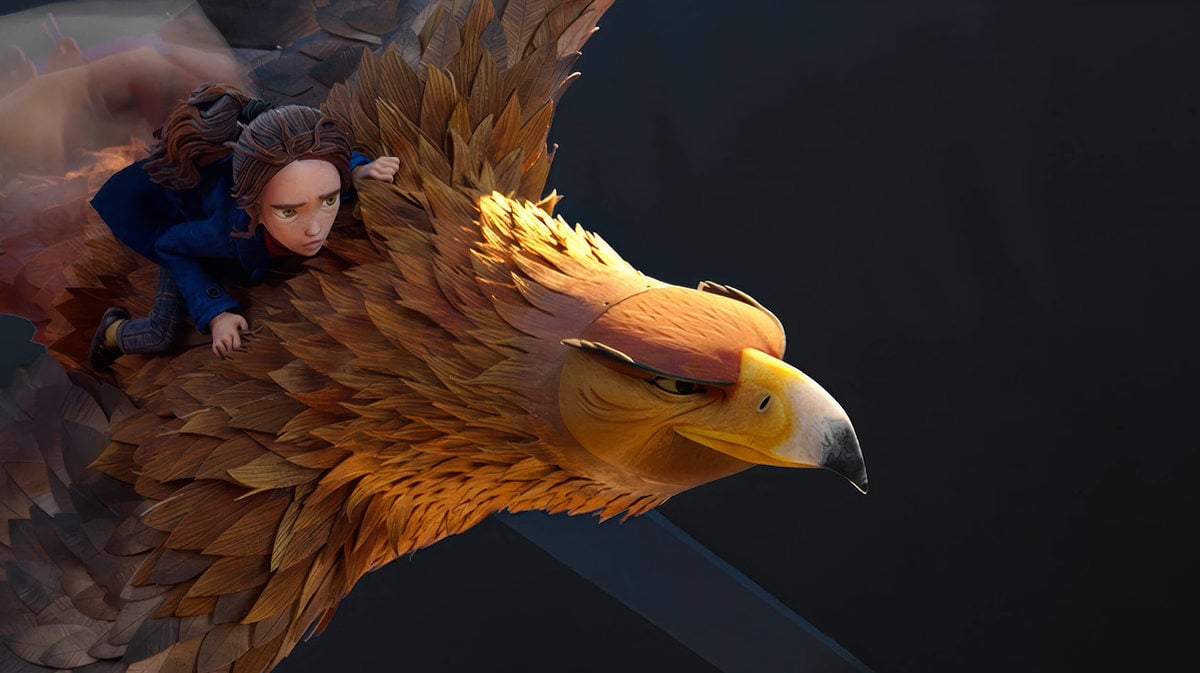 Prue McKeel flying on an eagle. Image courtesy of Fathom Entertainment and LAIKA