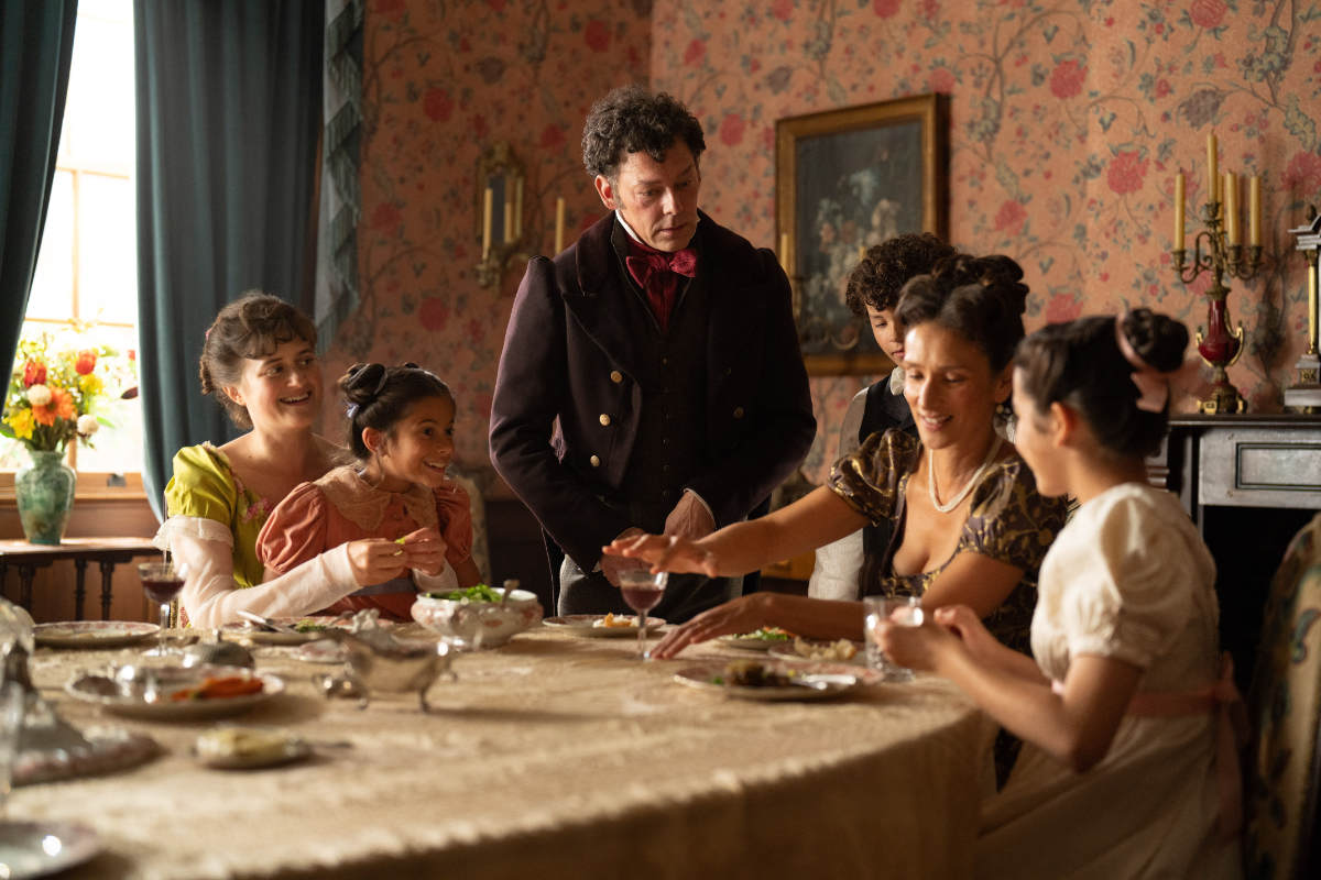 Ella Bruccoleri (Mary Bennet), Richard Coyle (Mr Gardiner), and Indira Varma (Mrs Gardiner)