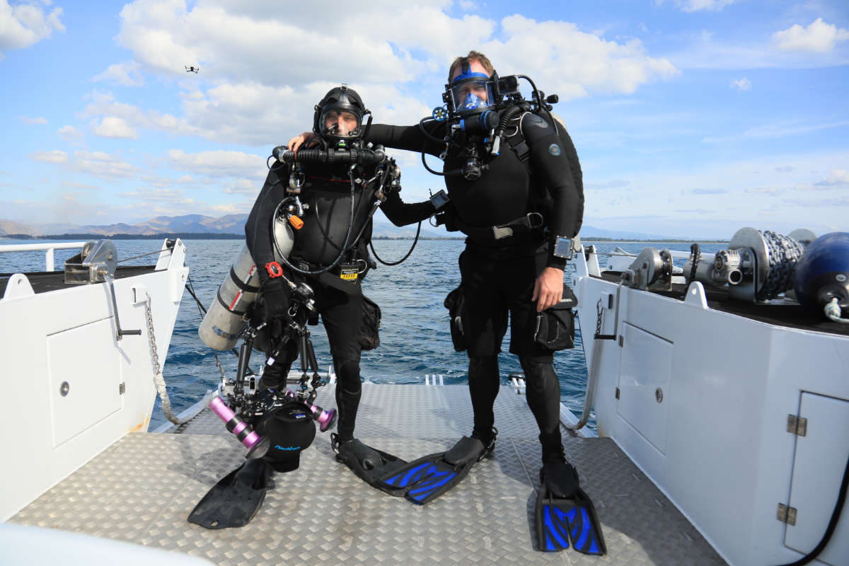 Josh Gates with diver Evan Kovacs in the Philippines