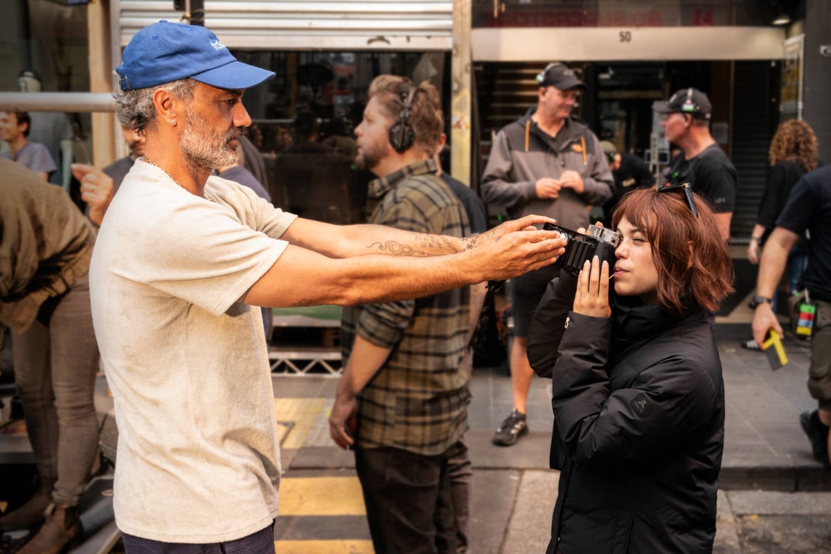 Taika Waititi and Jenna Ortega on the set of Klara and the Sun