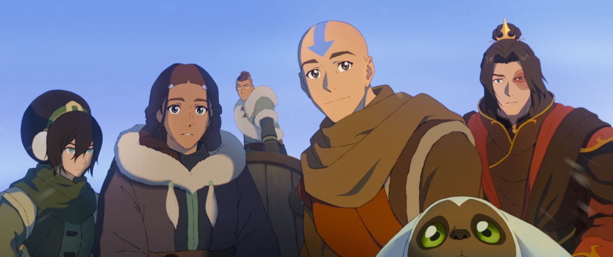 Dionne Quan voices Toph, Jessica Matten voices Katara, Román Zaragoza voices Sokka, Eric Nam voices Aang, Dee Bradley Baker voices Momo, and Steven Yeun voices Sokka in Avatar Aang: The Last Airbender