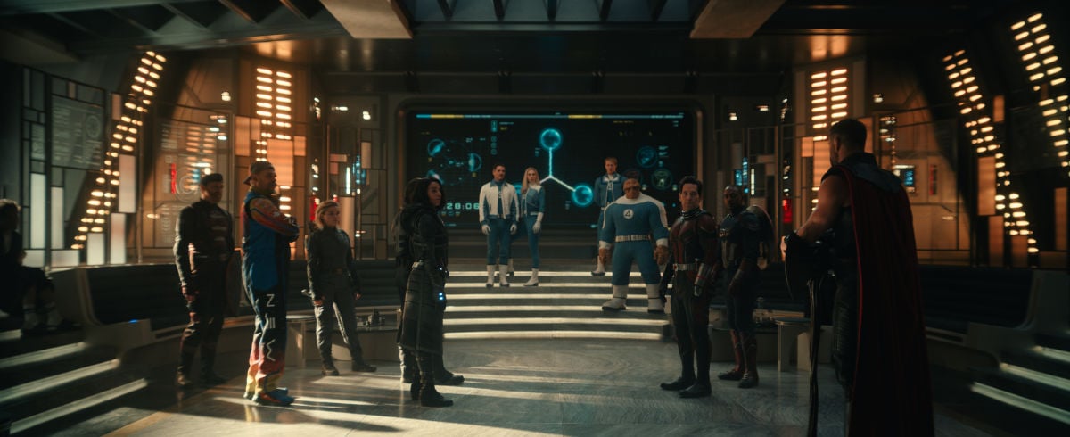 John Walker/U.S. Agent (Wyatt Russell), Alexei/Red Guardian (David Harbour), Yelena (Florence Pugh), Bucky Barnes/Winter Soldier (Sebastian Stan), Ava/Ghost (Hannah John-Kamen), Reed Richards/Mister Fantastic (Pedro Pascal), Sue Storm/Invisible Woman (Vanessa Kirby), Johnny Storm/Human Torch (Joseph Quinn), Ben Grimm/The Thing (Ebon Moss-Bachrach), Scott Lang/Ant-Man (Paul Rudd), Sam Wilson/Captain America (Anthony Mackie), and Thor (Chris Hemsworth)