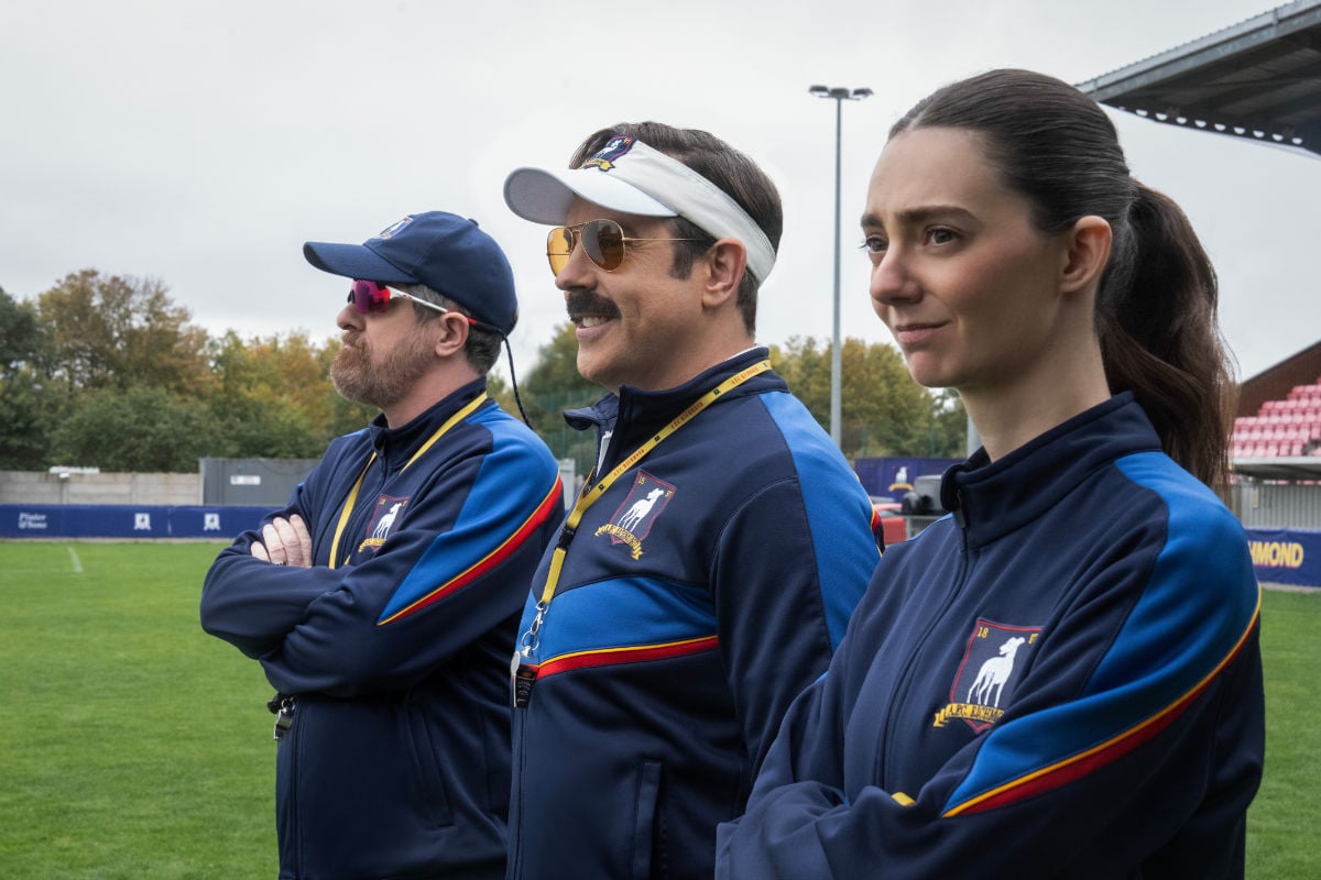 Brendan Hunt, Jason Sudeikis and Tanya Reynolds