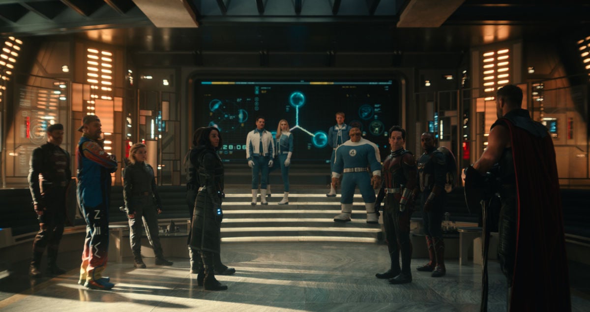 John Walker (Wyatt Russell), Alexei/Red Guardian (David Harbour), Yelena (Florence Pugh), Bucky Barnes/Winter Soldier (Sebastian Stan), Ava/Ghost (Hannah John-Kamen), Reed Richards/Mr. Fantastic (Pedro Pascal), Sue Storm/Invisible Woman (Vanessa Kirby), Johnny Storm/Human Torch (Joseph Quinn), Ben Grimm/The Thing (Ebon Moss-Bachrach), Scott Lang/Ant-Man (Paul Rudd), Sam Wilson/Captain America (Anthony Mackie), and Thor (Chris Hemsworth)