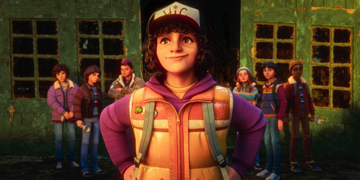 Brooklyn Davey Norstedt as Eleven, Benjamin Plessala as Will, Odessa A'zion as Nikki, Braxton Quinney as Dustin, Jolie Hoang-Rappaport as Max, Luca Diaz as Mike, and Elisha "EJ" Williams as Lucas in Stranger Things: Tales From '85 Season 2