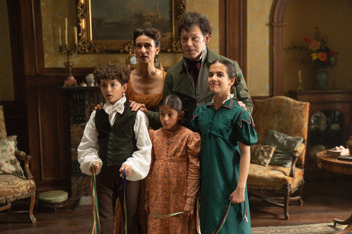 Reggie Absolom (George Gardiner), Indira Varma (Mrs Gardiner), Jasmine Sharpe (Rebecca Gardiner), Richard Coyle (Mr Gardiner), and Róisín Bhalla (Marianne Gardiner)