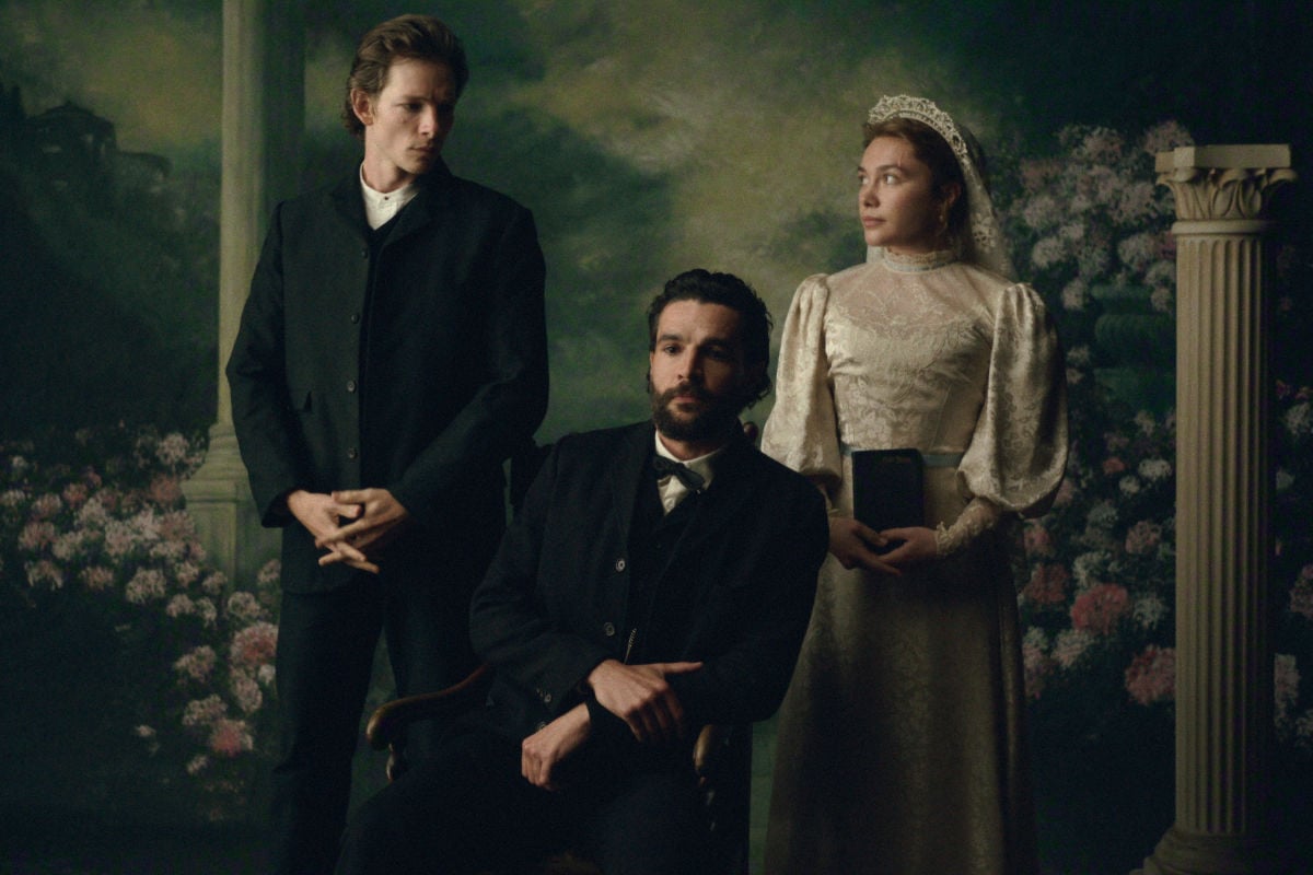 Florence Pugh as Cathy Ames, Christopher Abbott as Adam Trask, and Mike Faist as Charles Trask